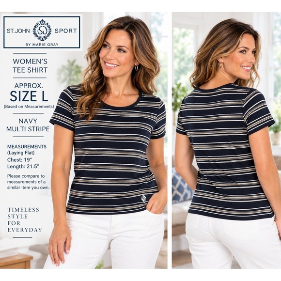 St. John Sport Tops - St John Sport by Marie Gray Womens L Navy Gold Striped Wool Blend Knit Top #1911